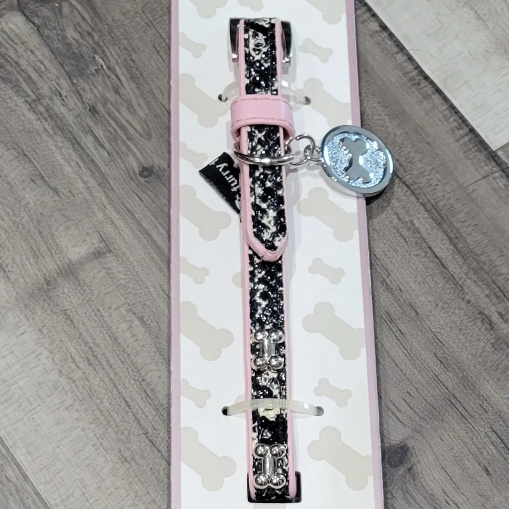 Pink and Black Dog Collar with Charm